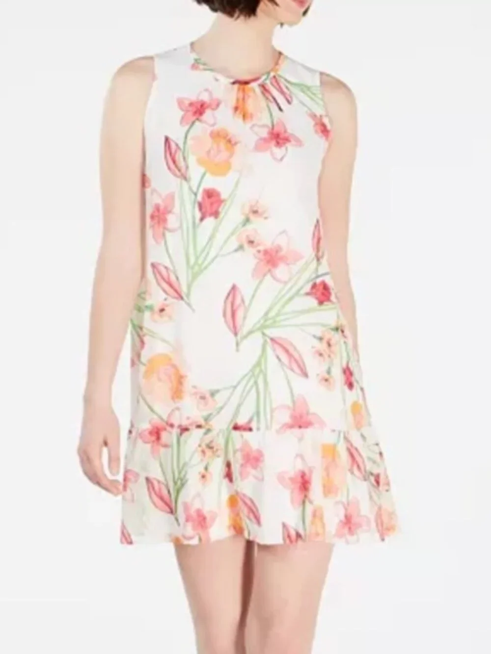 Floral Sleeveless Shift Dress | White Multi Color Print Ruffle Hem - Picture 2 of 8